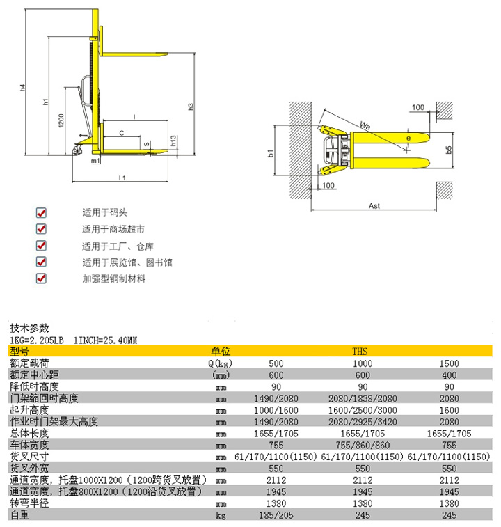 THS系列手动堆高车参数表