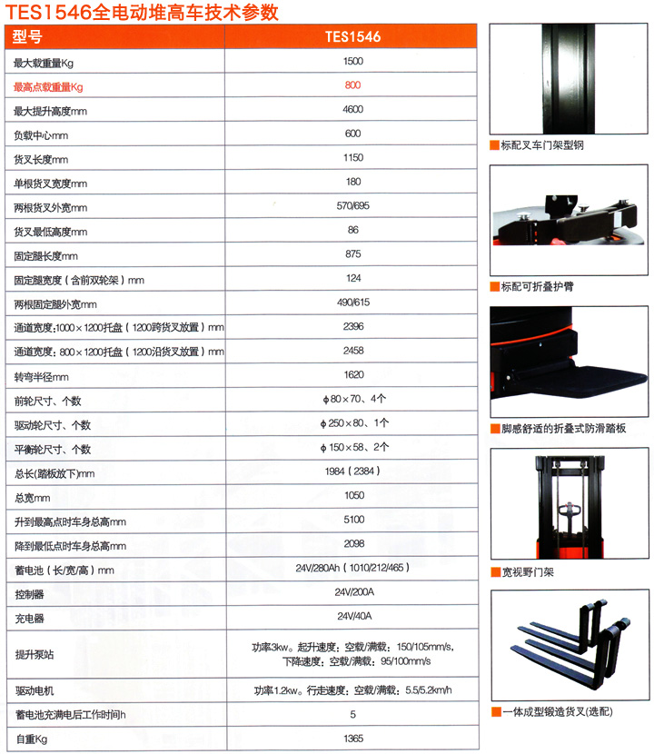 TES1546全电动堆高车技术参数