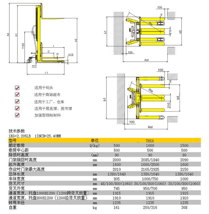 THSA系列手动堆高车技术参数
